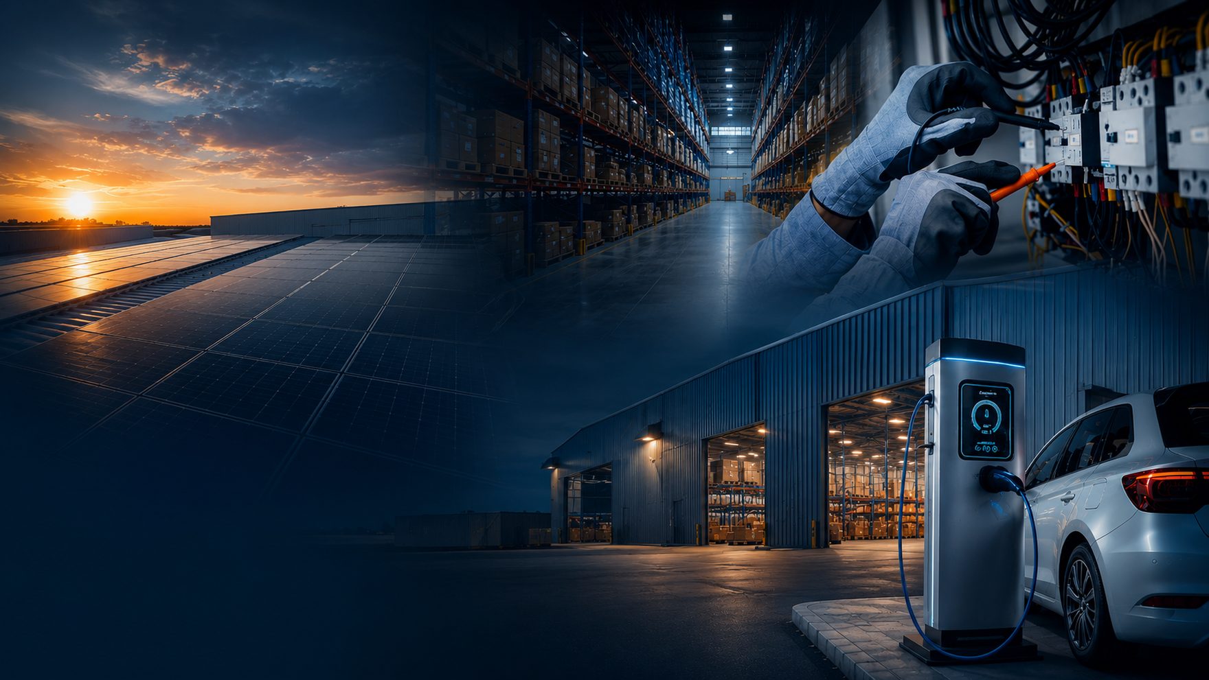 Operação industrial MBS: porta-paletes, energia solar e carregadores elétricos em galpão logístico Itajaí SC